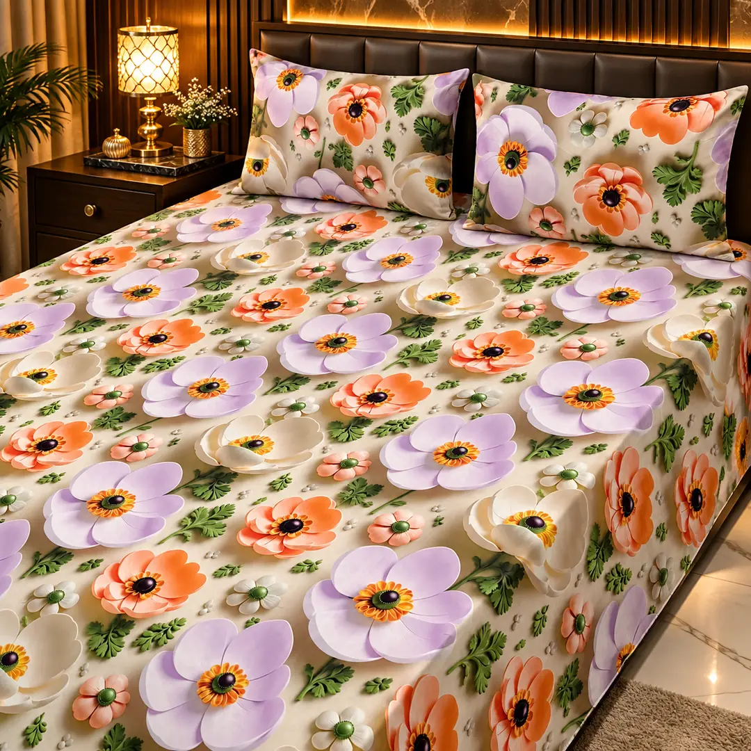 Elegant 3 Pcs Micro Cotton Printed 9D Double Bedsheet