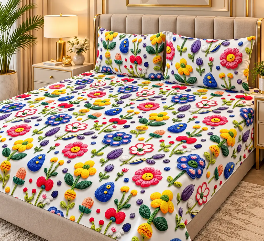 Elegant 3 Pcs Micro Cotton Printed 9D Double Bedsheet