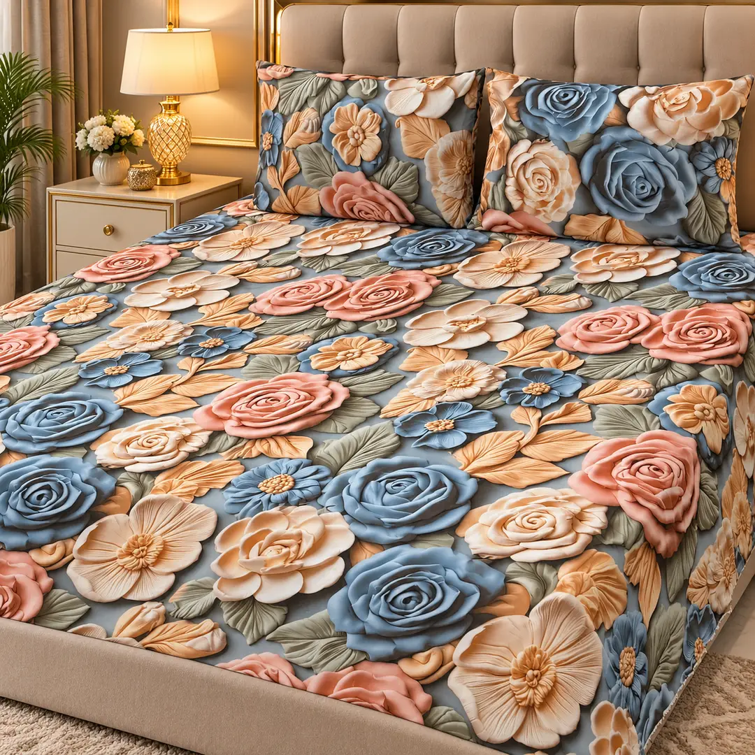 Elegant 3 Pcs Micro Cotton Printed 9D Double Bedsheet