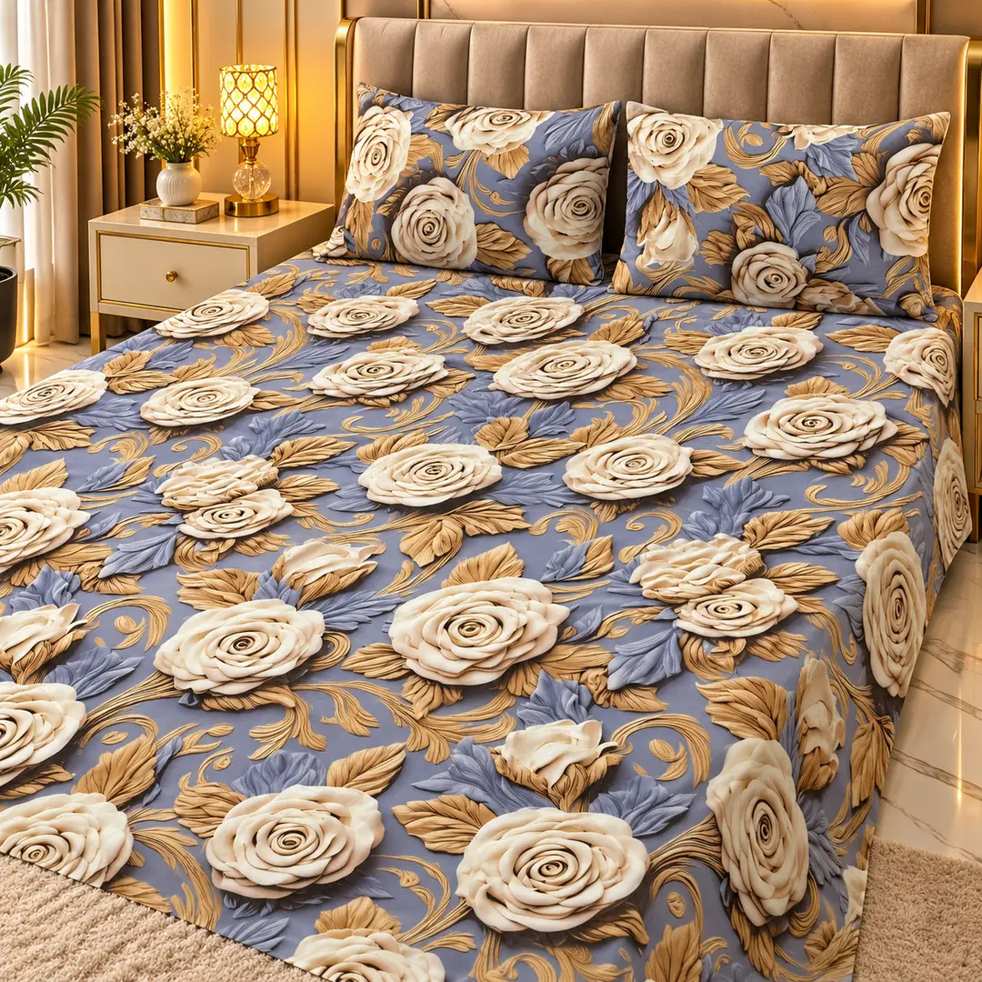 Elegant 3 Pcs Micro Cotton Printed 9D Double Bedsheet