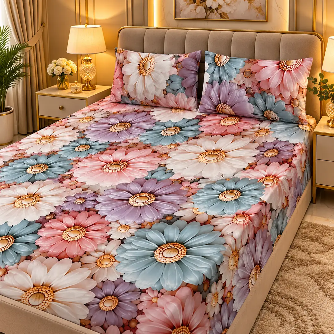 Elegant 3 Pcs Micro Cotton Printed 9D Double Bedsheet