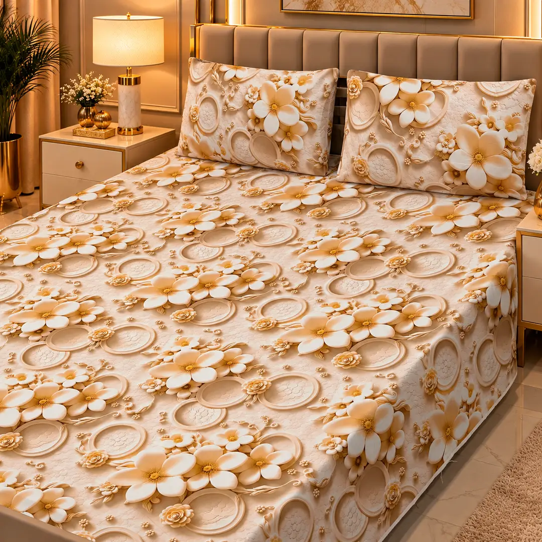 Elegant 3 Pcs Micro Cotton Printed 9D Double Bedsheet