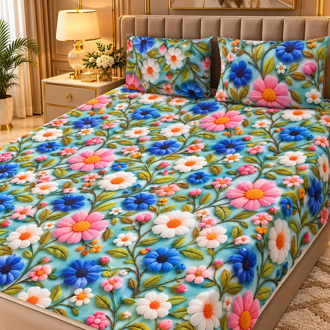 Elegant 3 Pcs Micro Cotton Printed 9D Double Bedsheet