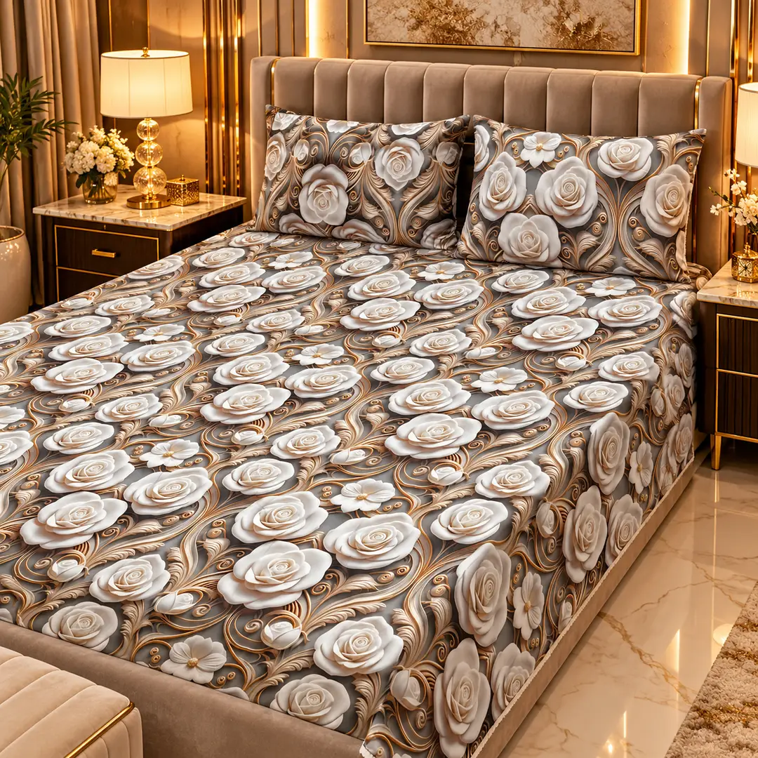 Elegant 3 Pcs Micro Cotton Printed 9D Double Bedsheet