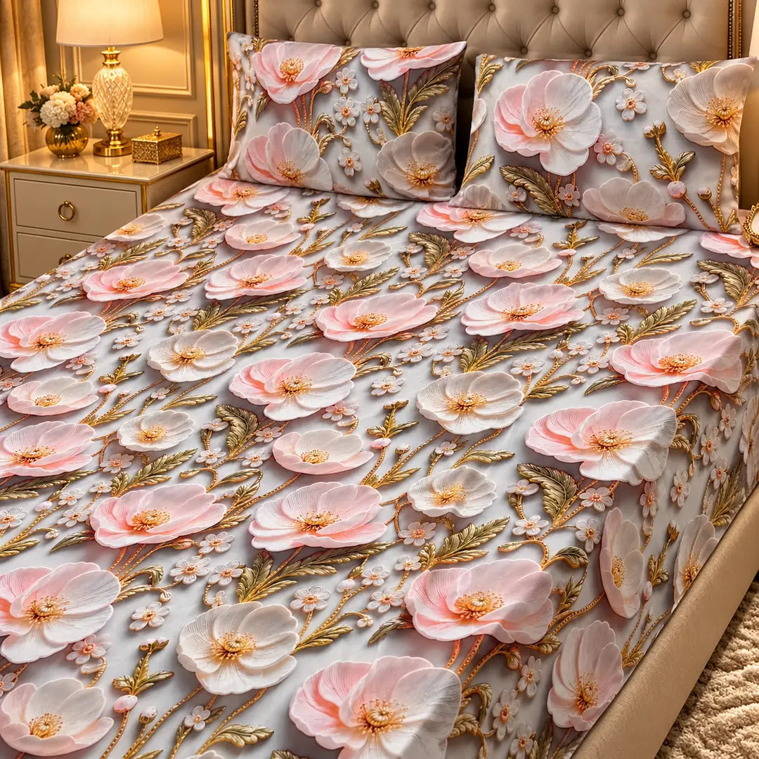 Elegant 3 Pcs Micro Cotton Printed 9D Double Bedsheet