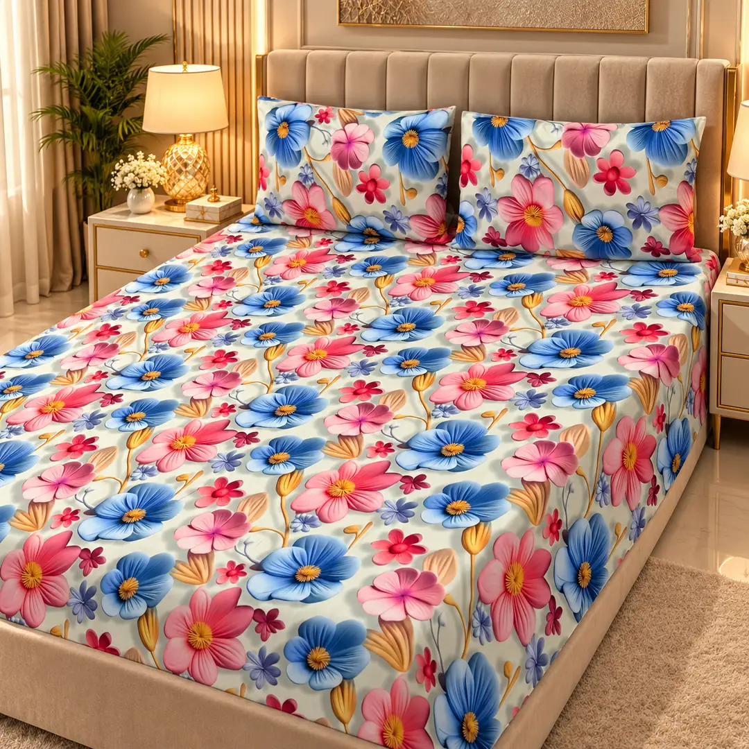 Elegant 3 Pcs Micro Cotton Printed 9D Double Bedsheet