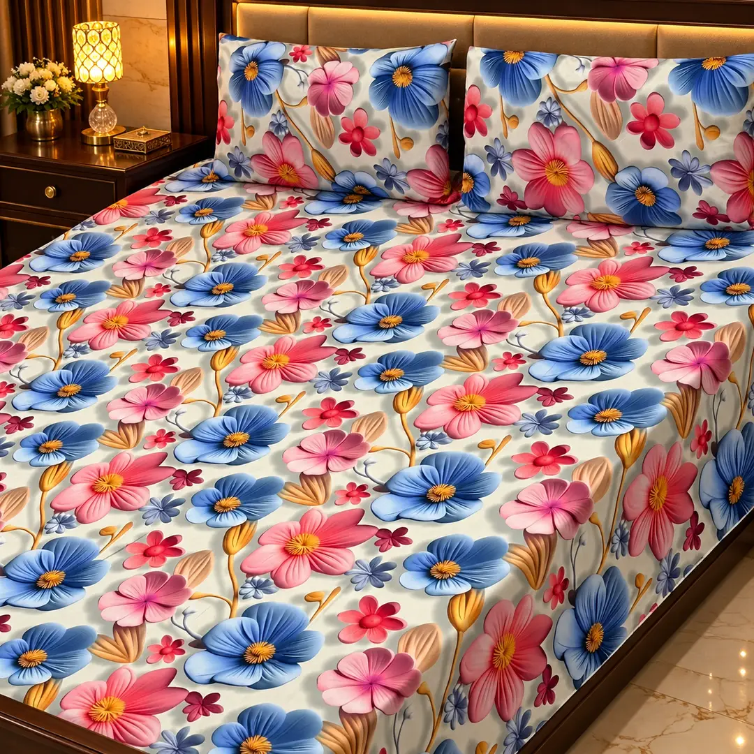 Elegant 3 Pcs Micro Cotton Printed 9D Double Bedsheet