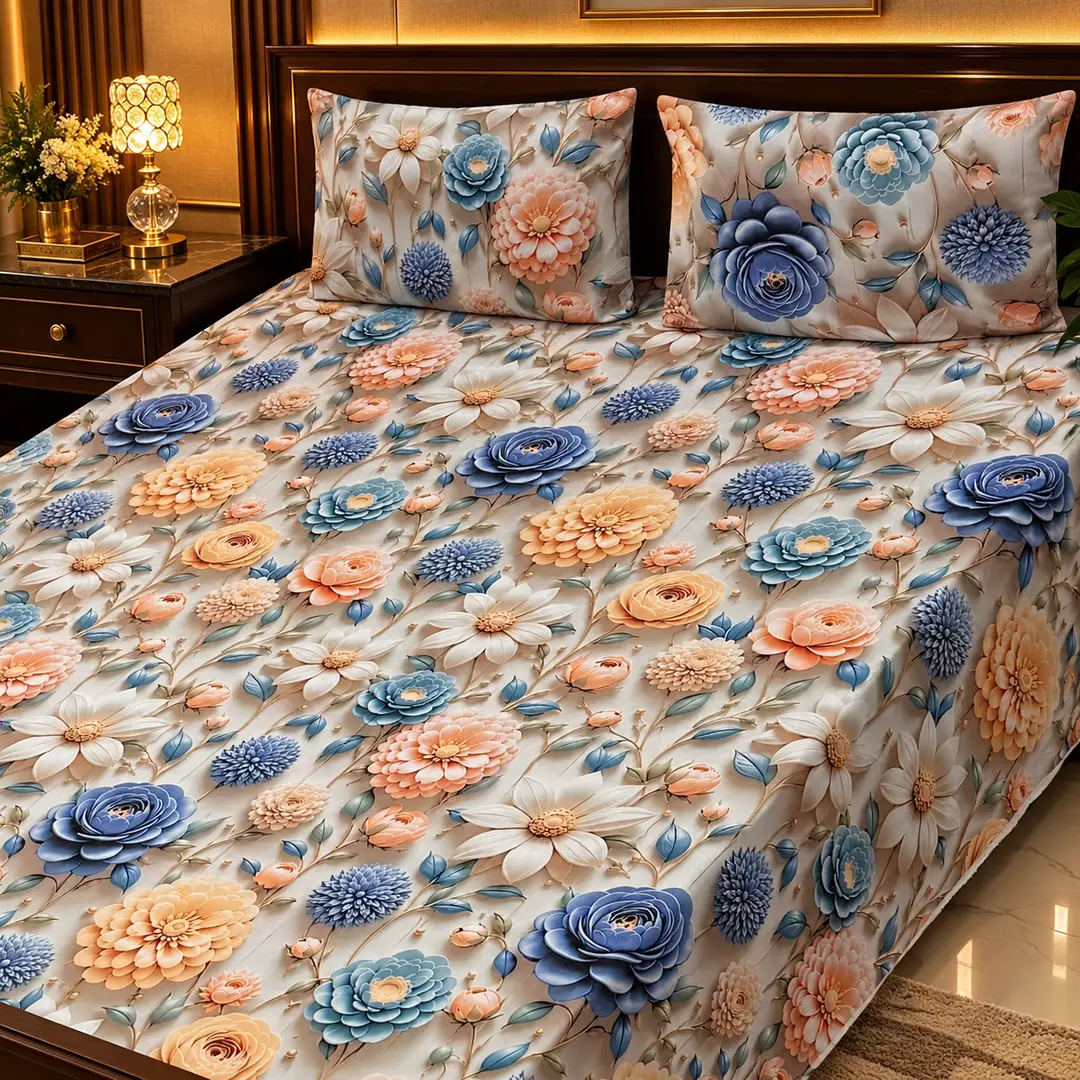 Elegant 3 Pcs Micro Cotton Printed 9D Double Bedsheet