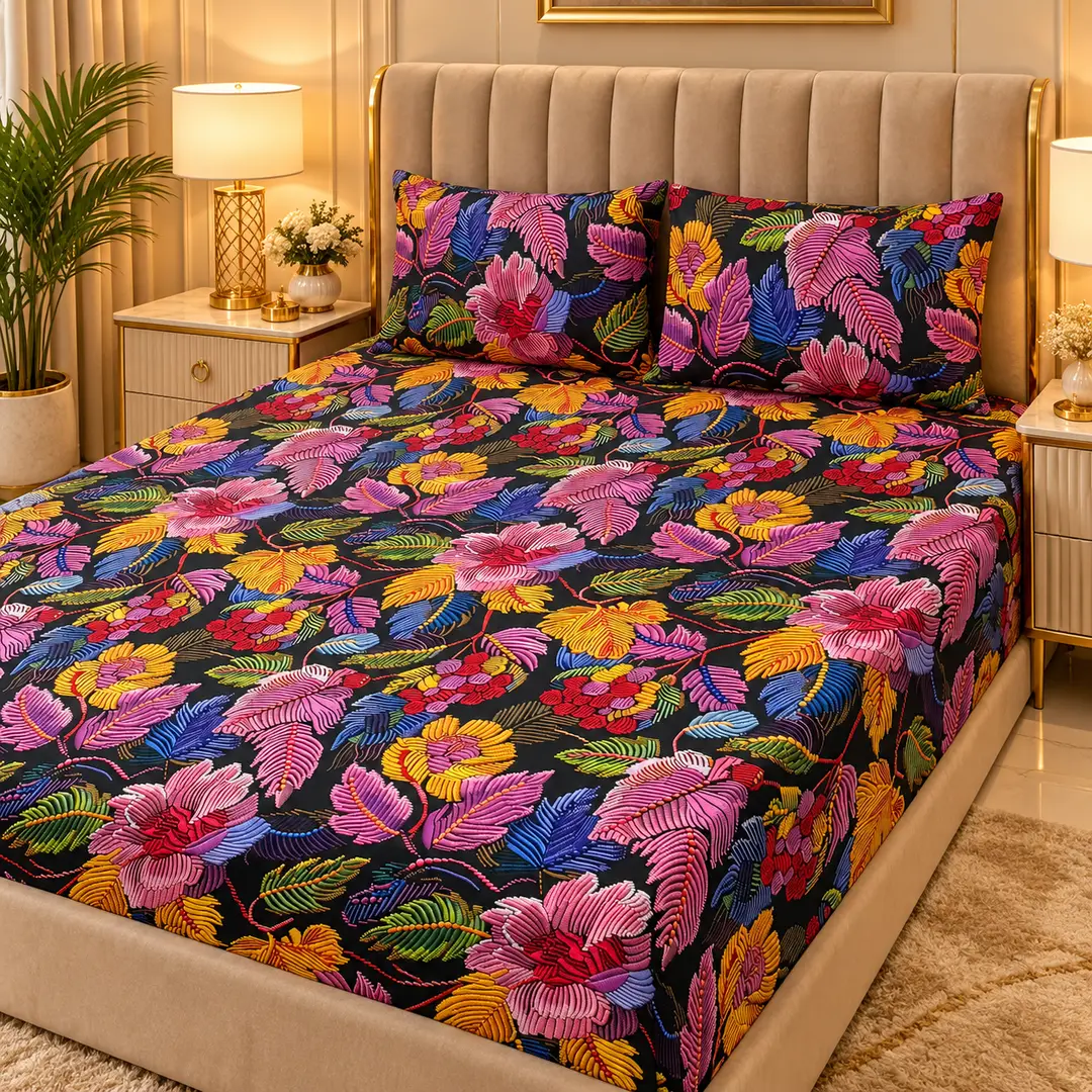 Elegant 3 Pcs Micro Cotton Printed 9D Double Bedsheet