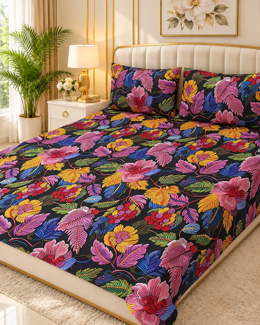 Elegant 3 Pcs Micro Cotton Printed 9D Double Bedsheet
