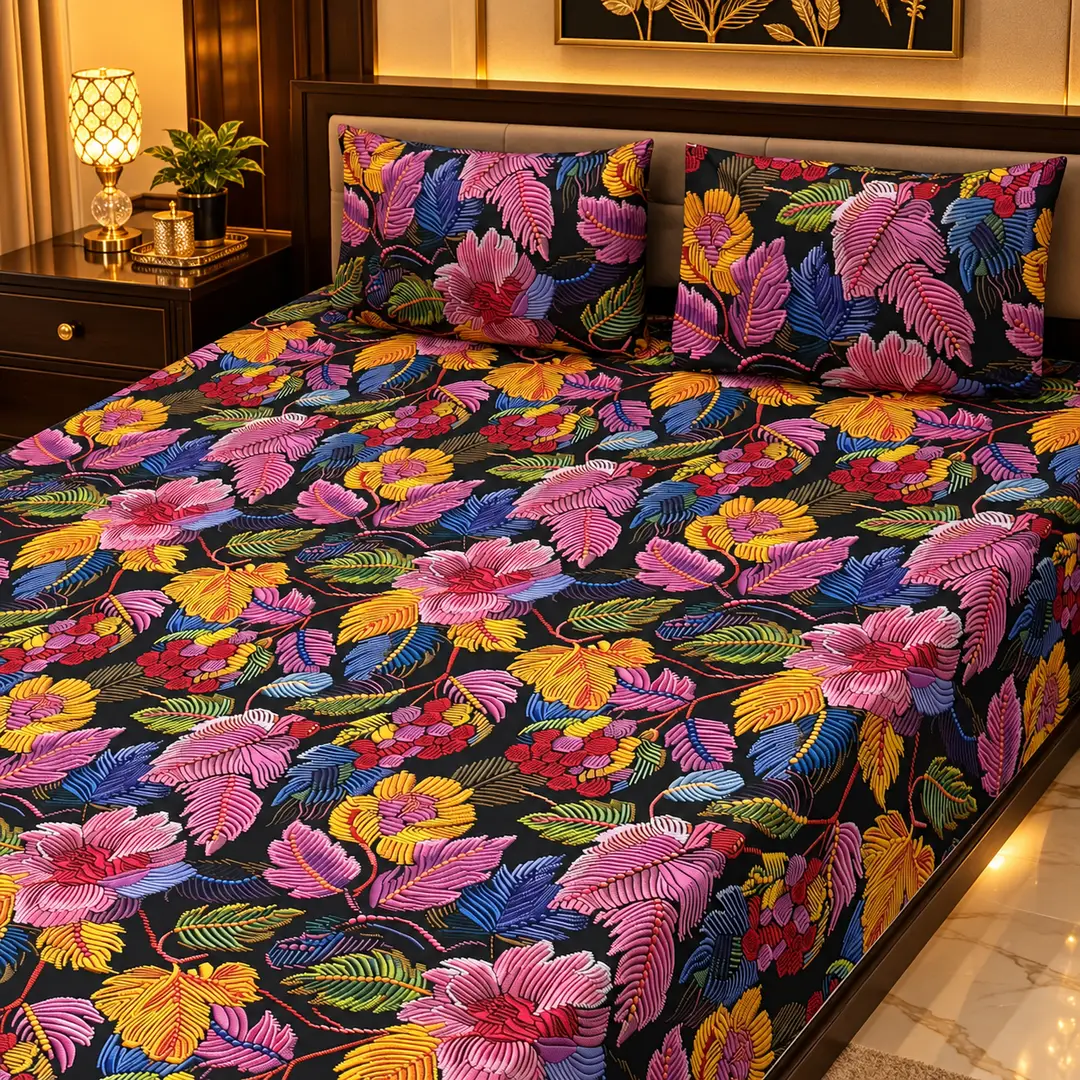 Elegant 3 Pcs Micro Cotton Printed 9D Double Bedsheet