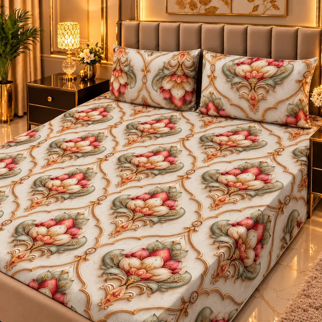 Elegant 3 Pcs Micro Cotton Printed 9D Double Bedsheet