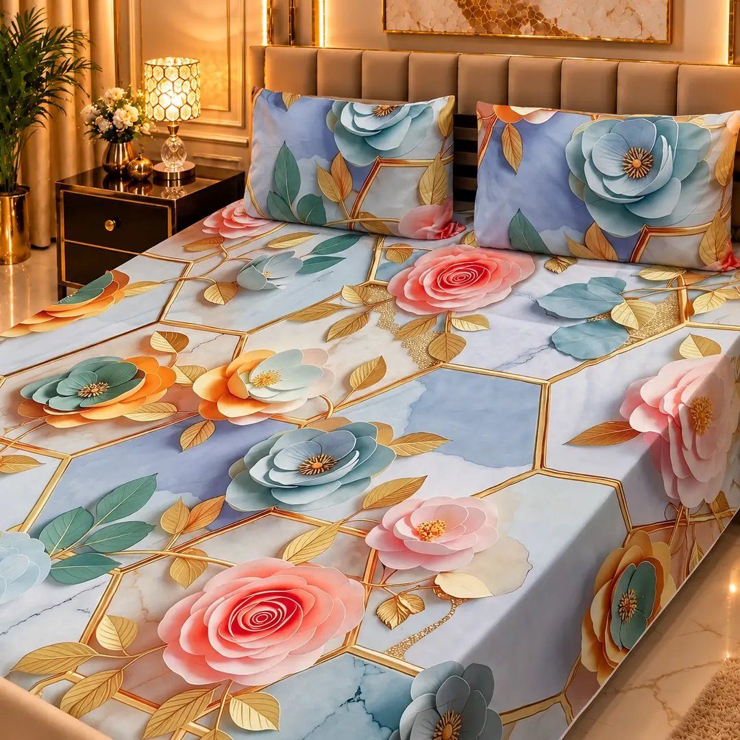 Elegant 3 Pcs Micro Cotton Printed 9D Double Bedsheet