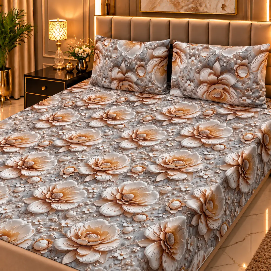 Elegant 3 Pcs Micro Cotton Printed 9D Double Bedsheet