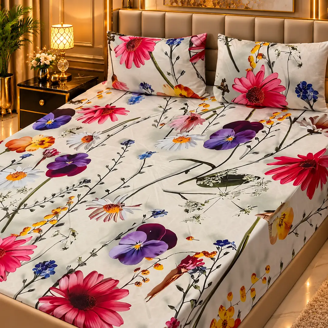 Elegant 3 Pcs Micro Cotton Printed 9D Double Bedsheet