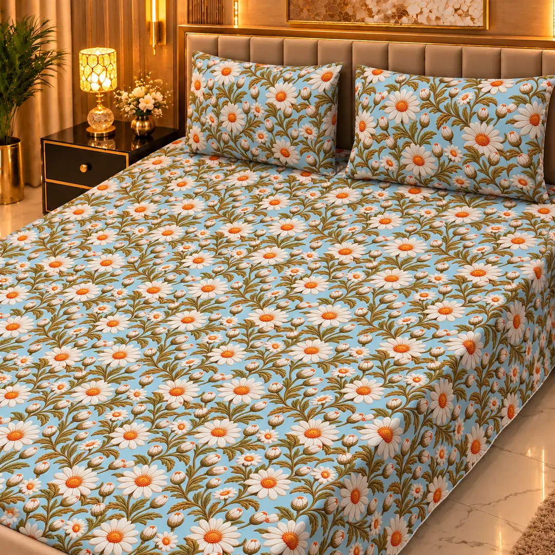 Elegant 3 Pcs Micro Cotton Printed 9D Double Bedsheet