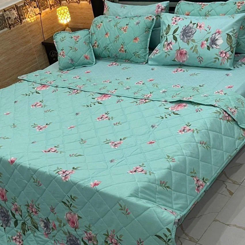 Blue Floral Printed 7Pcs Mix Cotton Double Bed Set