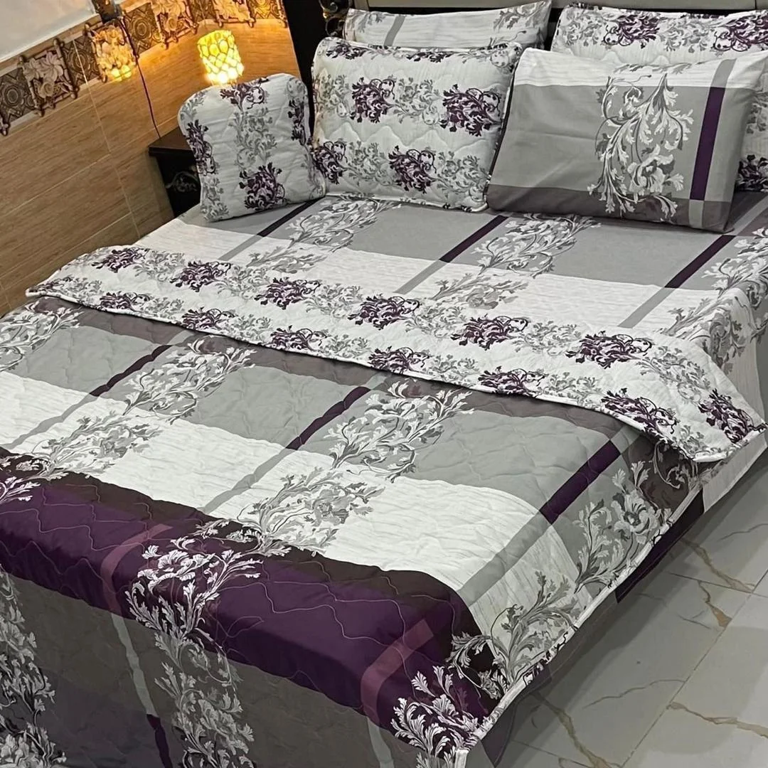 Double Bed Printed Comforter Set Gray Purple Cotton