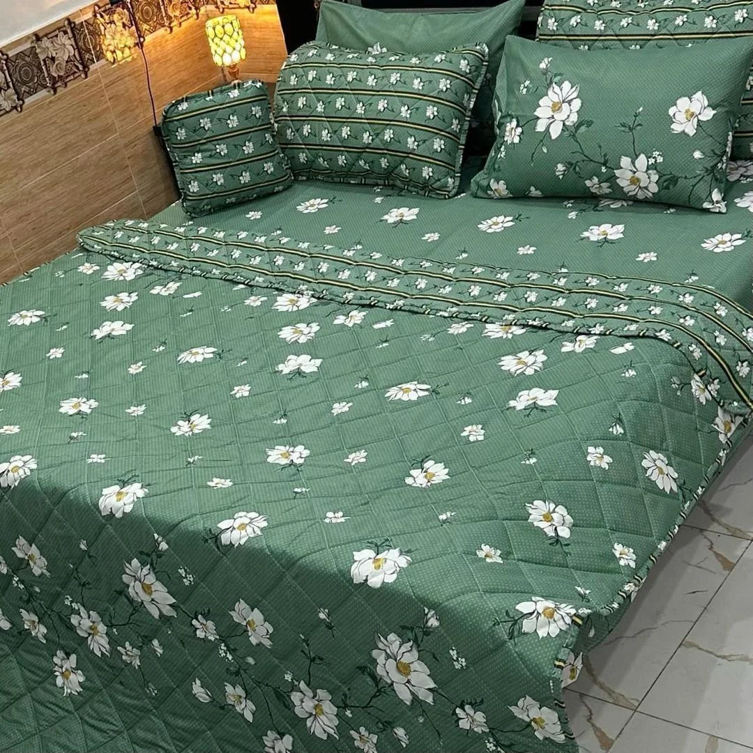 Green Floral Mix Cotton Double Bed Comforter Set 7 Pcs
