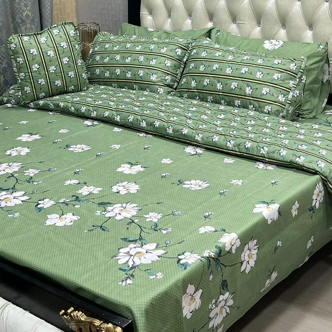 Green Floral Cotton Comforter Set for Double Bed