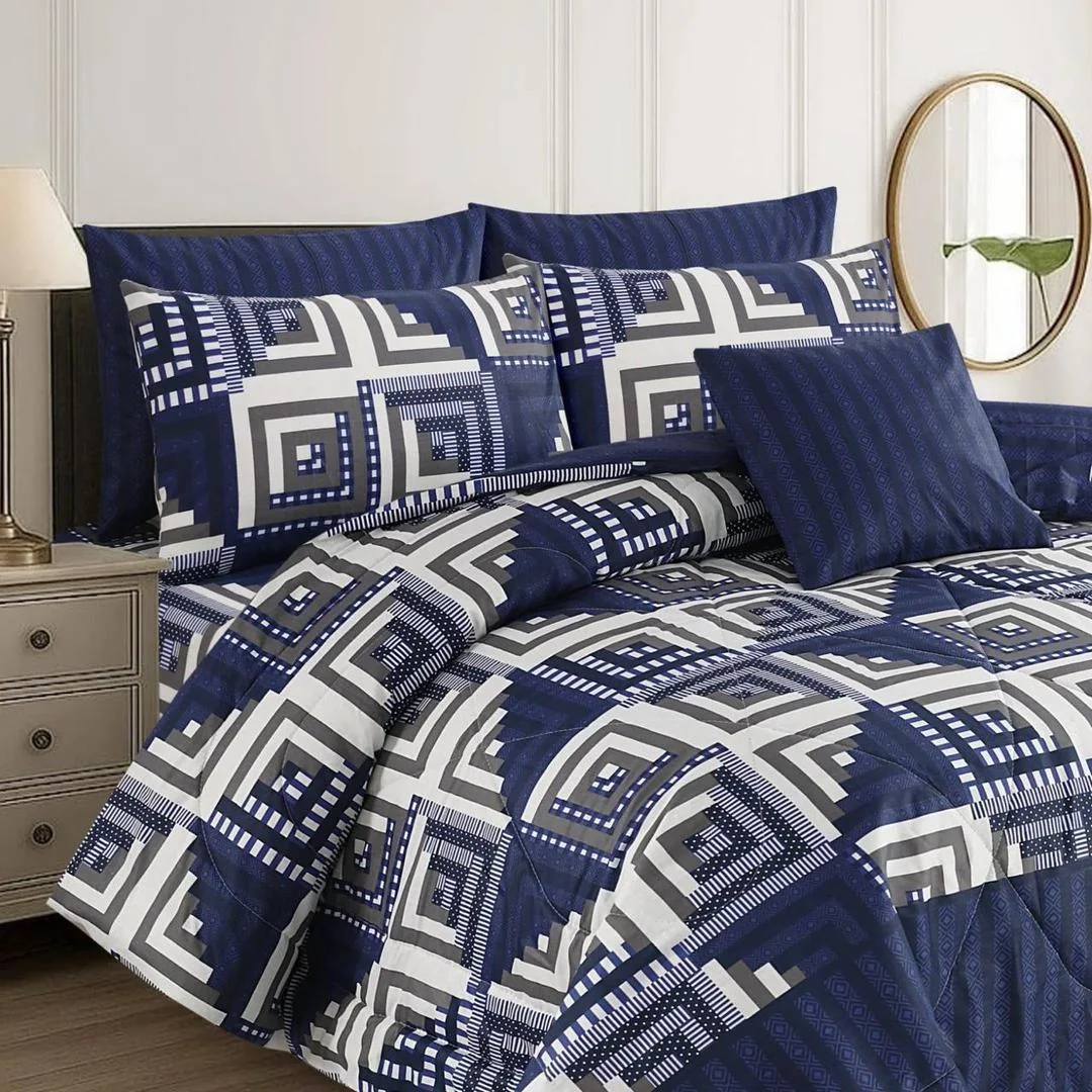 7Pcs Blue Printed Cotton Comforter Set for Double Bed