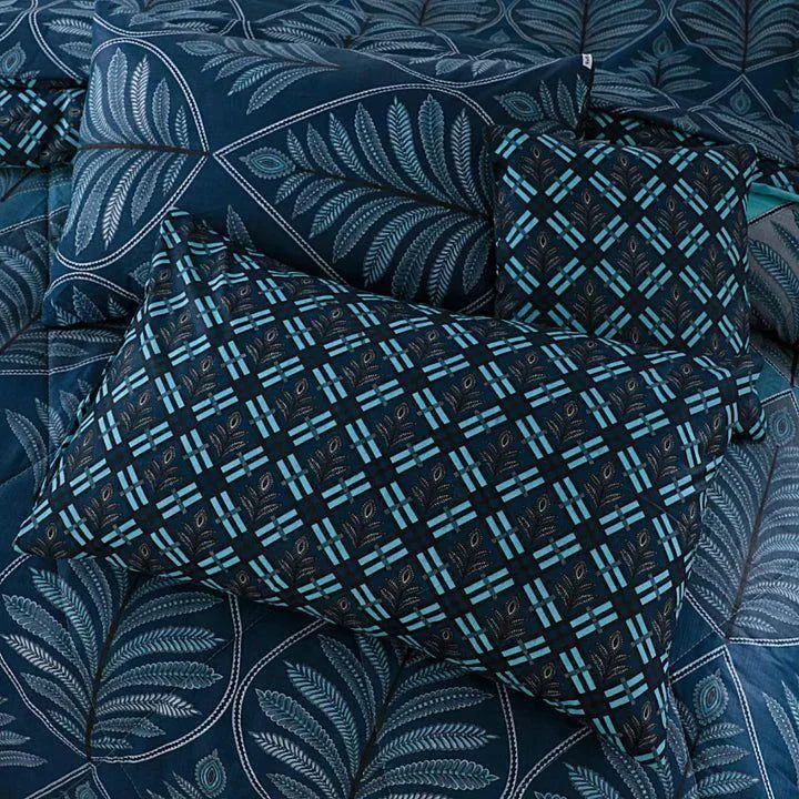 Blue Printed 7Pc Cotton Comforter Set for Double Bed