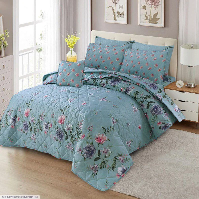 Turquoise Floral 7Pc Cotton Comforter Set for Double Bed