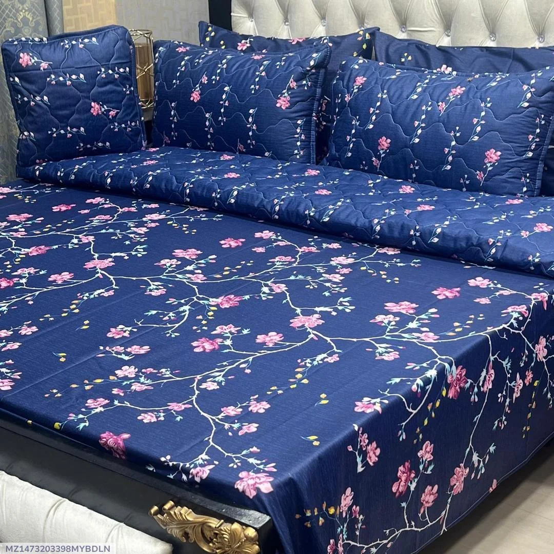 7 Pcs Blue Floral Cotton Comforter Set for Double Bed