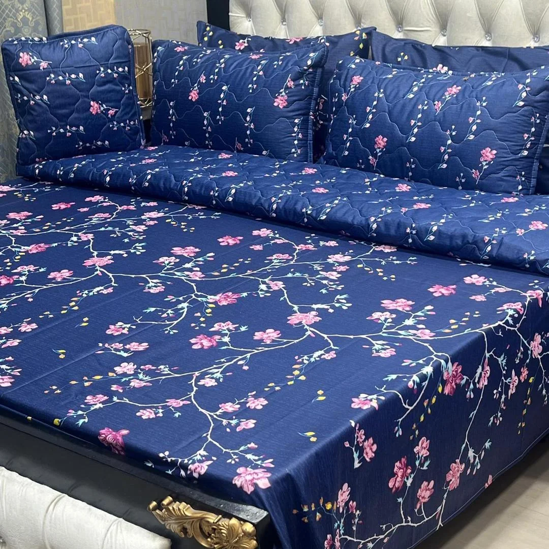 7 Pcs Blue Floral Cotton Comforter Set for Double Bed