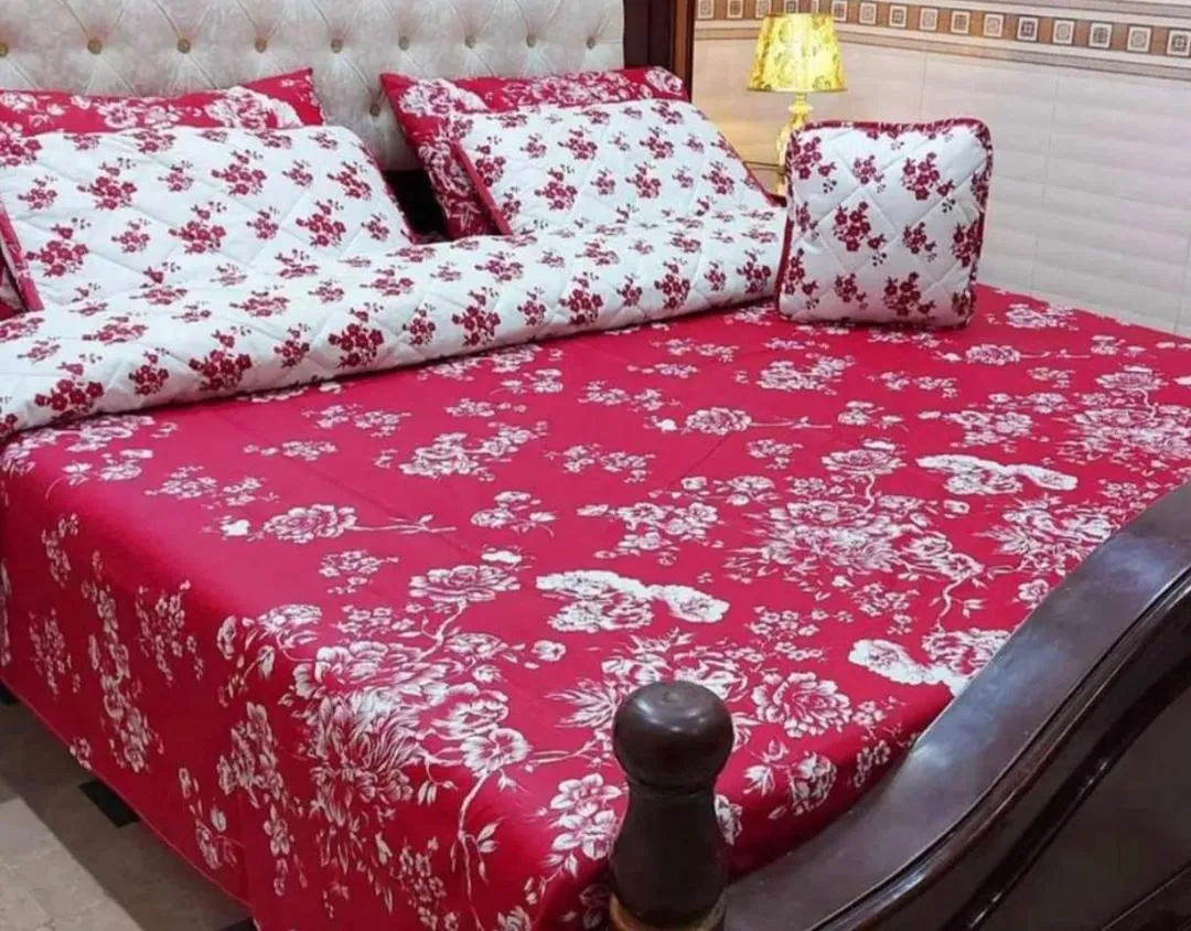 Red Floral Cotton Comforter Set for Double Bed