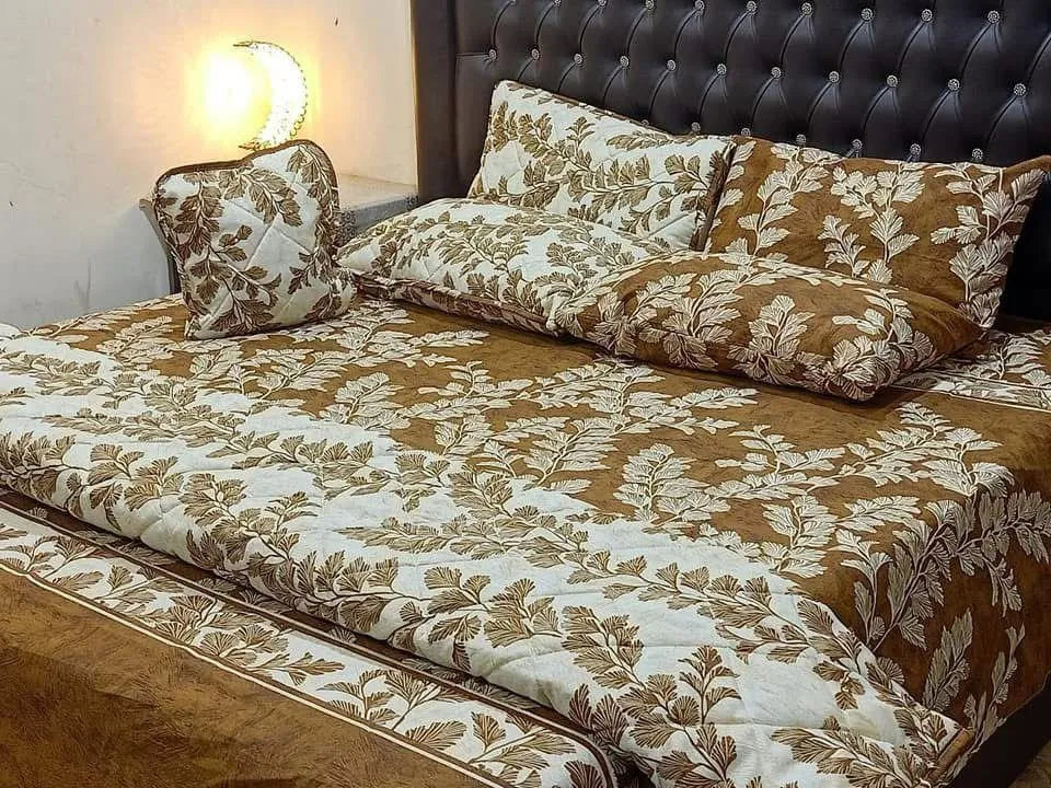 Premium Cotton Salonica Printed Bed Set Brown Cream Leaf Pattern
