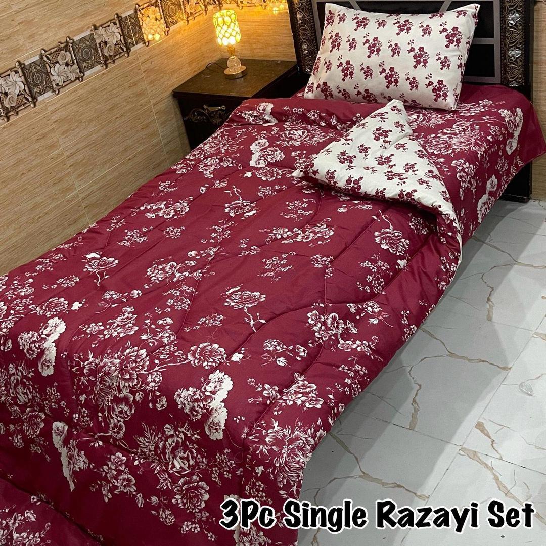 Maroon Floral 3Pc Single Razai Set Mix Cotton
