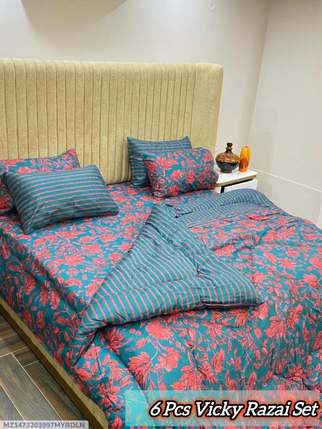 Stylish 6 Pcs Cotton Salonica Printed Razai Set