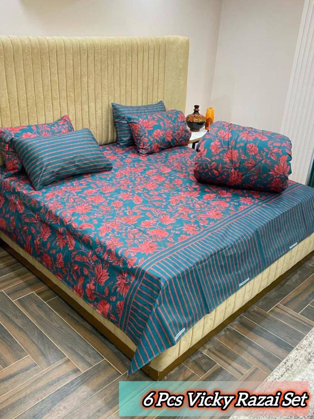 Stylish 6 Pcs Cotton Salonica Printed Razai Set