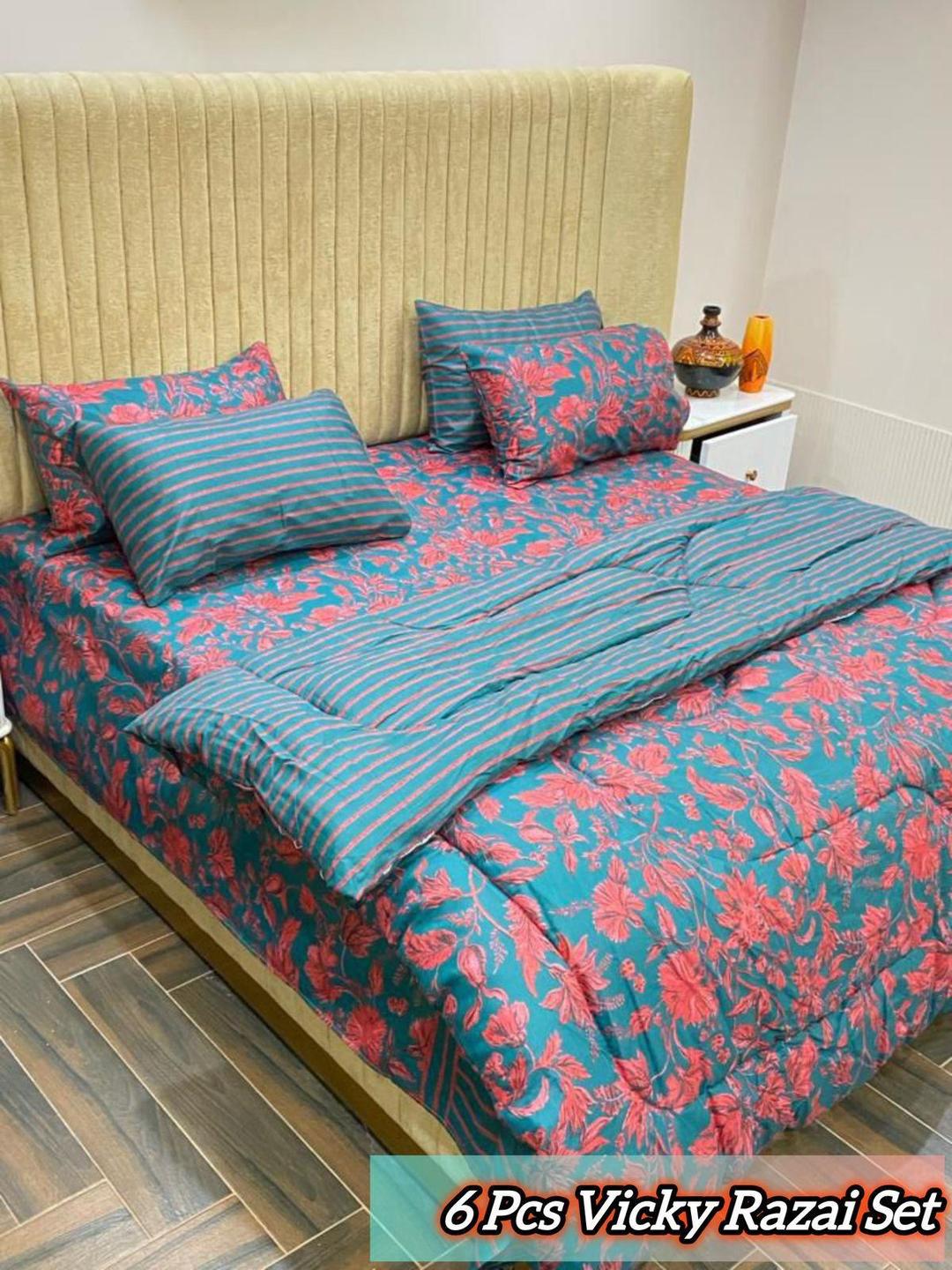 Stylish 6 Pcs Cotton Salonica Printed Razai Set