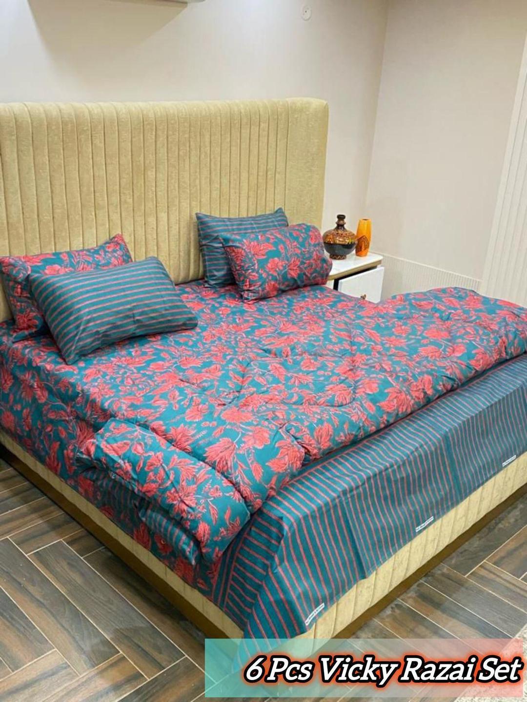 Stylish 6 Pcs Cotton Salonica Printed Razai Set