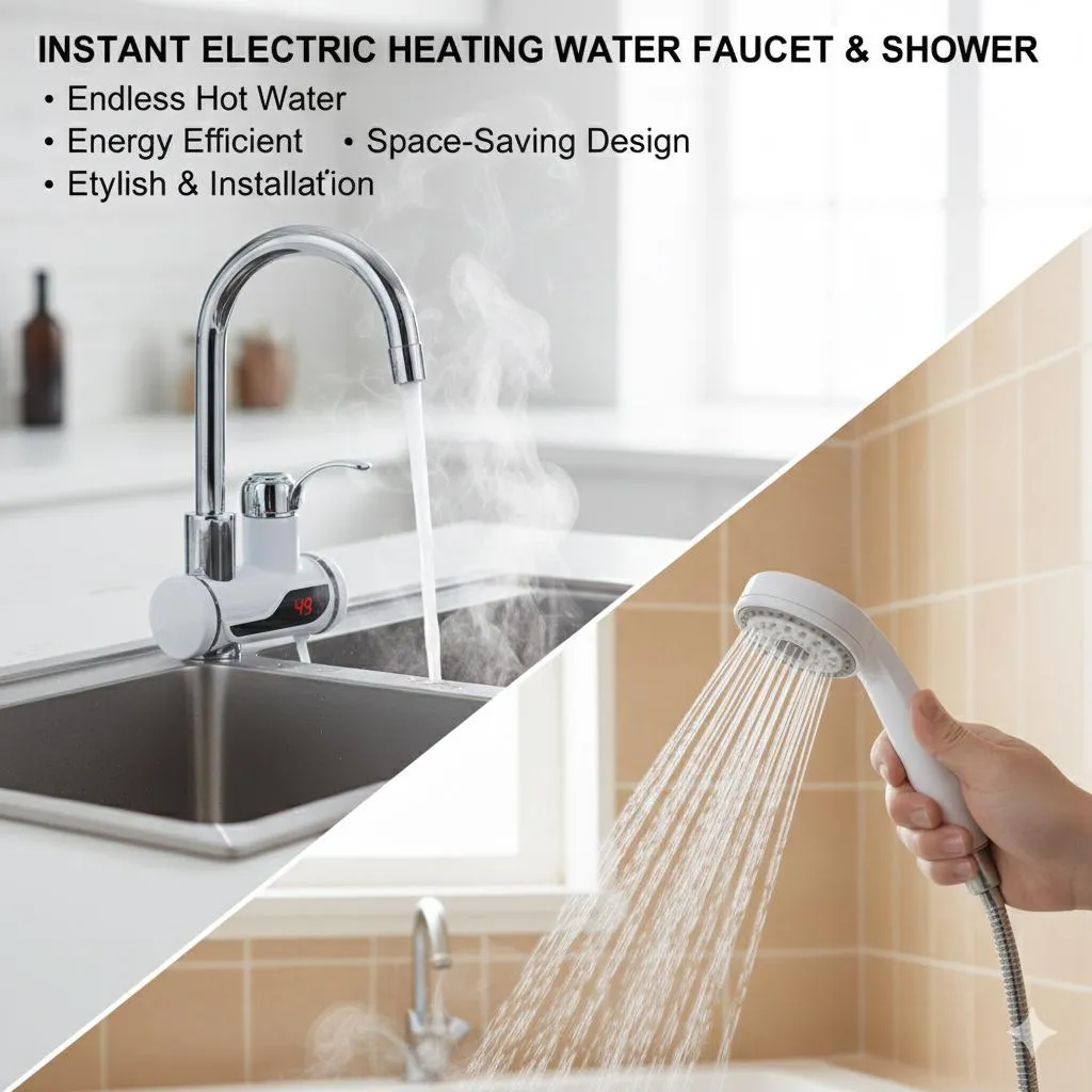 Instant Hot Water Faucet Shower Head 49°C Digital Display Stainless Steel