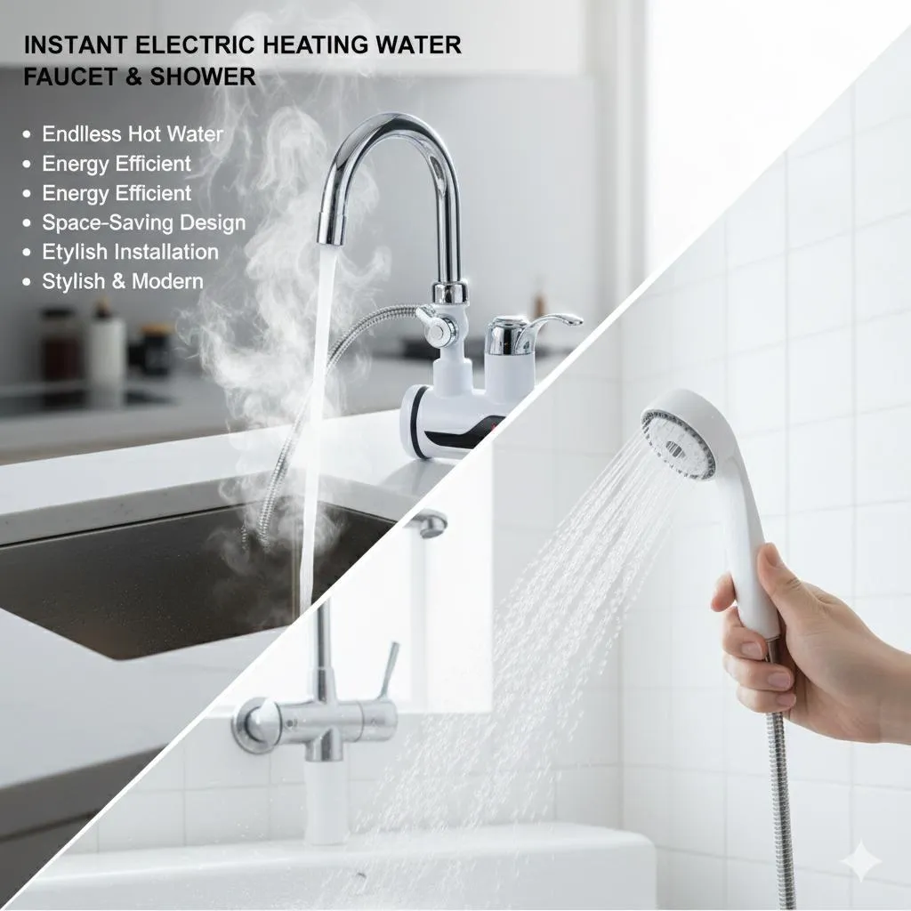 Instant Hot Water Faucet Shower Head 49°C Digital Display Stainless Steel