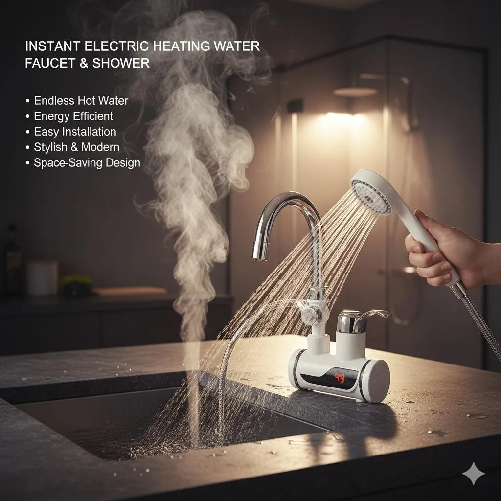 Instant Hot Water Faucet Shower Head 49°C Digital Display Stainless Steel