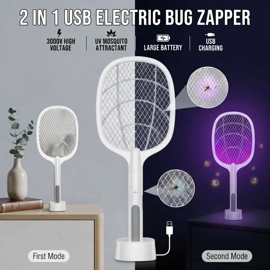 3-in-1 Electric Mosquito Killer Racket & Bug Zapper Lamp | Rechargeable Fly Swatter