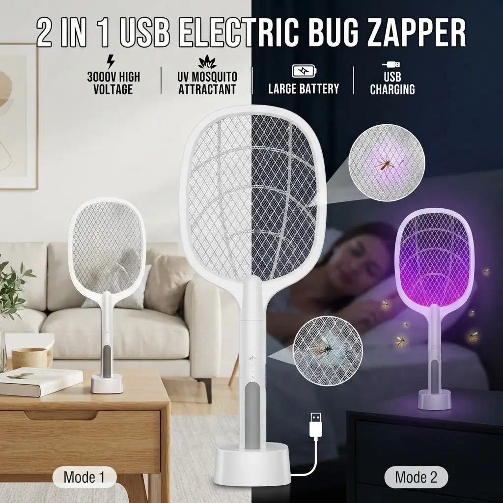 3-in-1 Electric Mosquito Killer Racket & Bug Zapper Lamp | Rechargeable Fly Swatter
