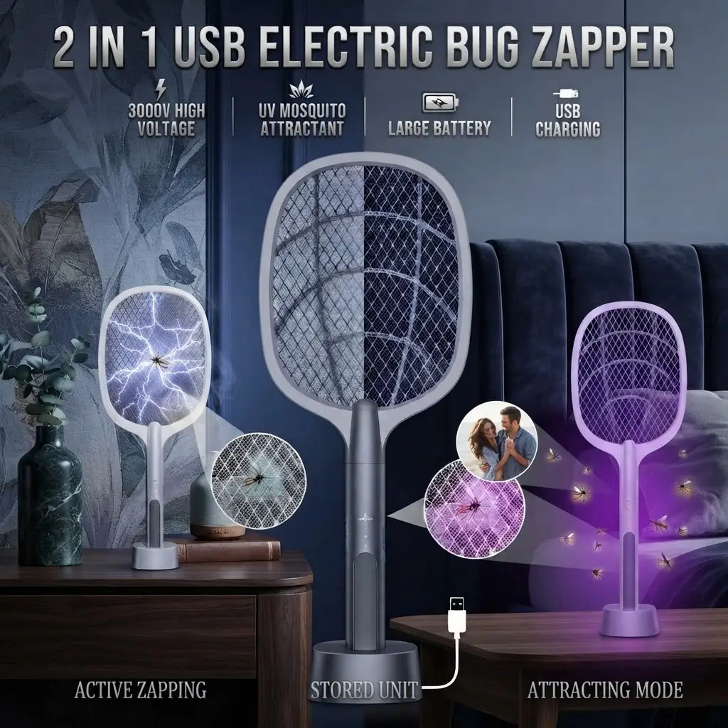 3-in-1 Electric Mosquito Killer Racket & Bug Zapper Lamp | Rechargeable Fly Swatter