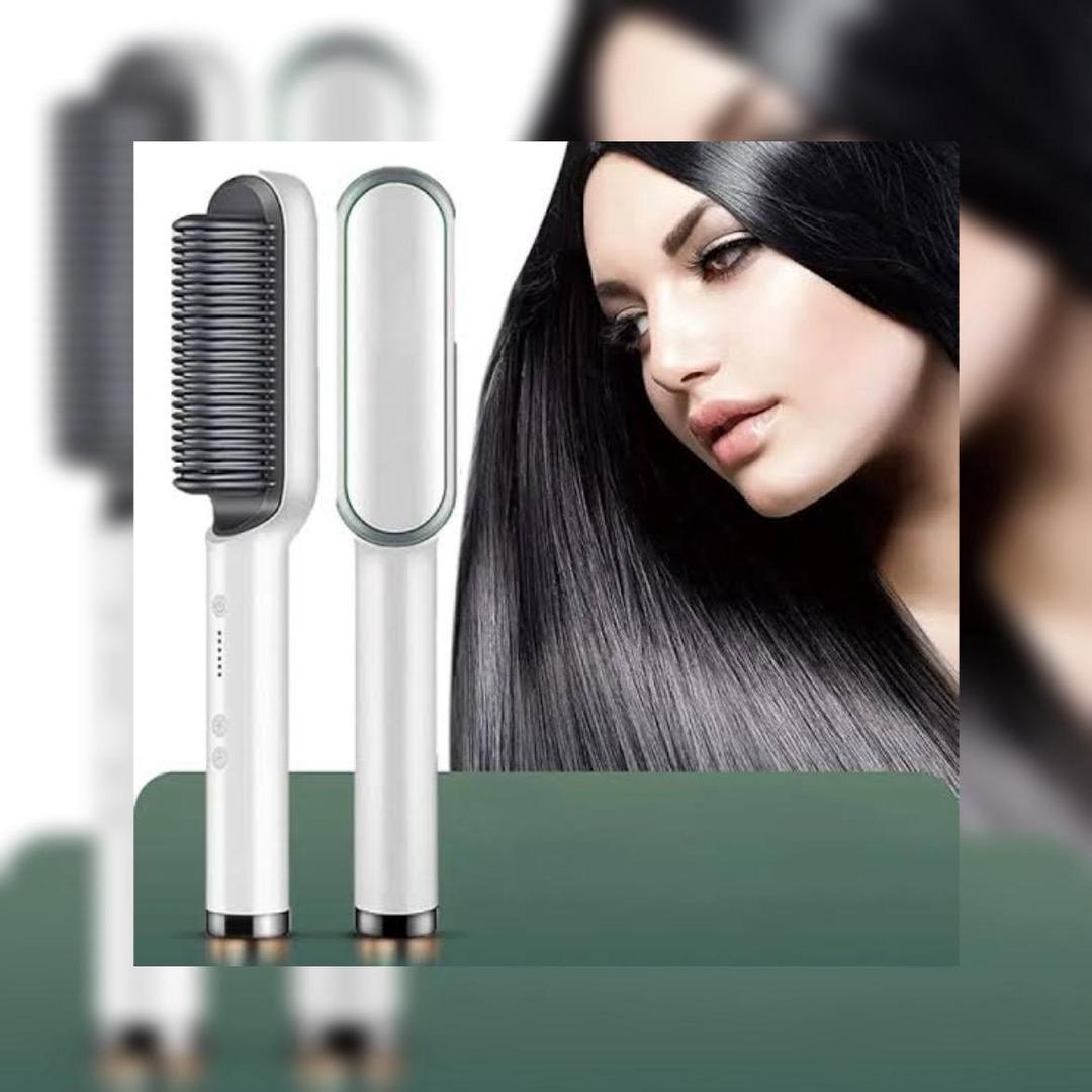 2-in-1 Hair Straightener Brush White Corded Electric