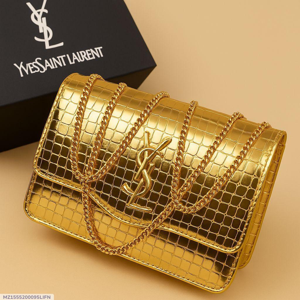 Golden Crossbody Bag for Girls with YSL Logo