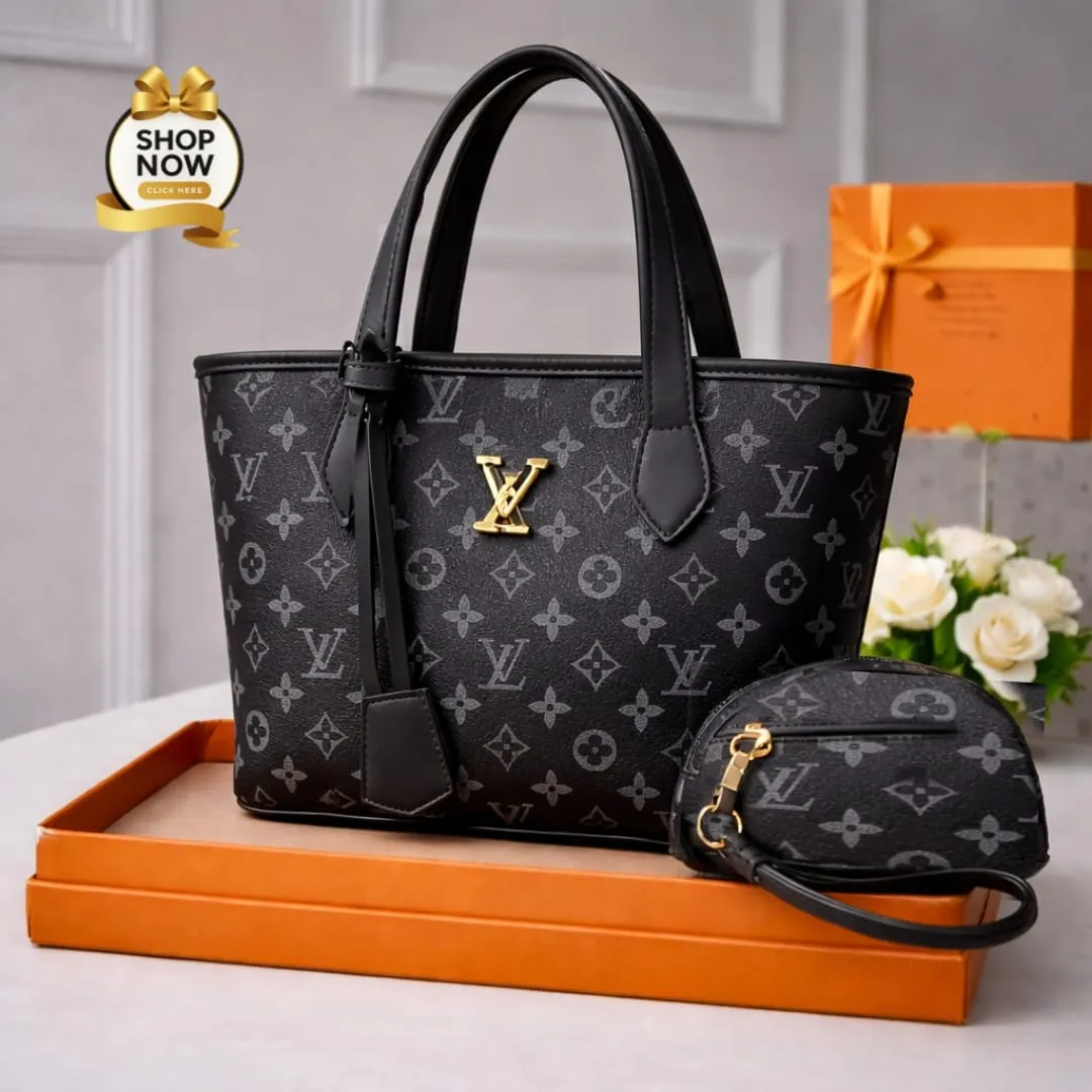 Women's Printed Handbag Set Black Brown Gold LV Logo