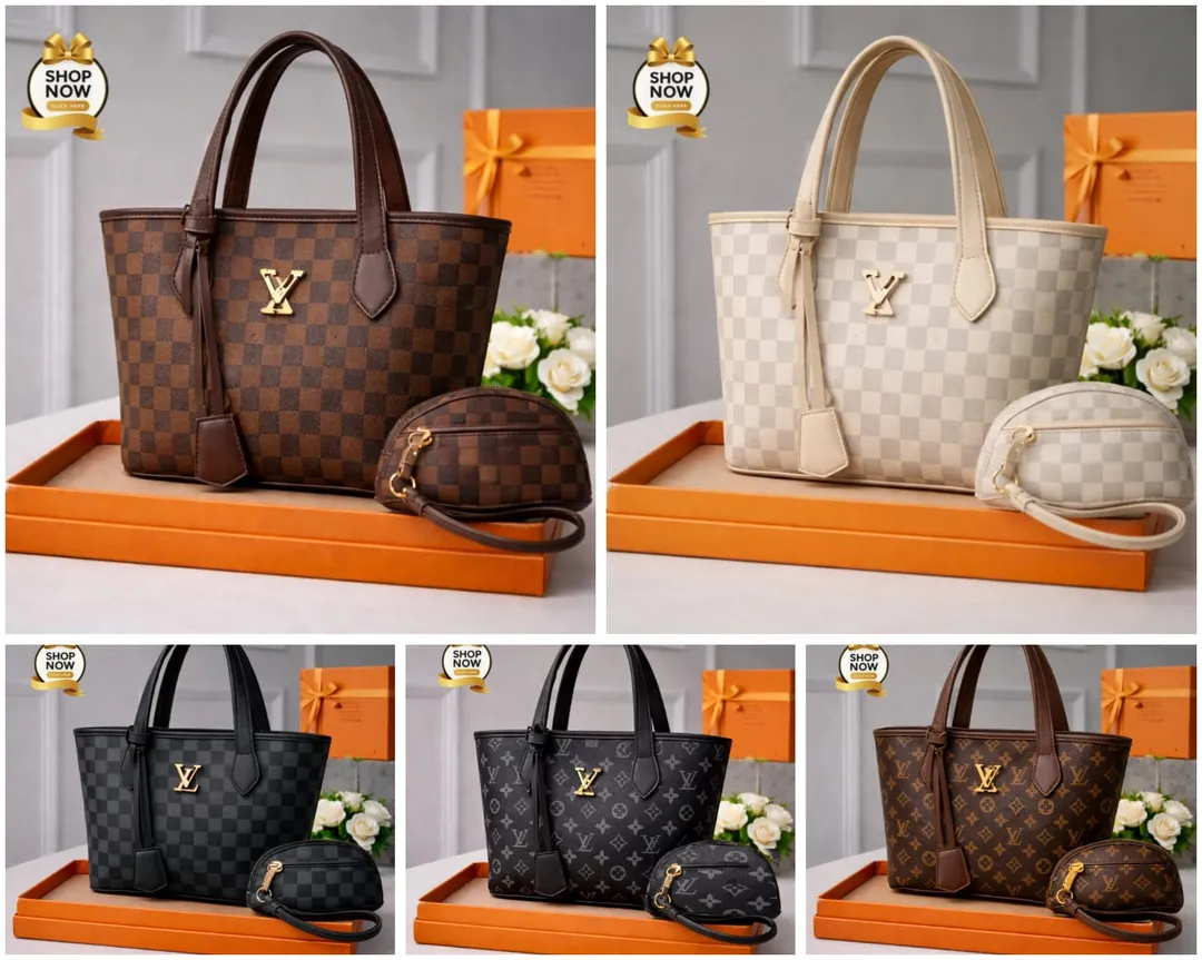 Women's Printed Handbag Set Black Brown Gold LV Logo