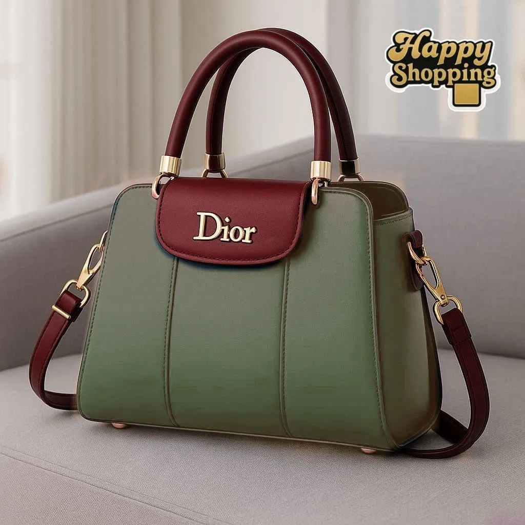 Women's Green PU Leather Shoulder Bag with Burgundy Handles