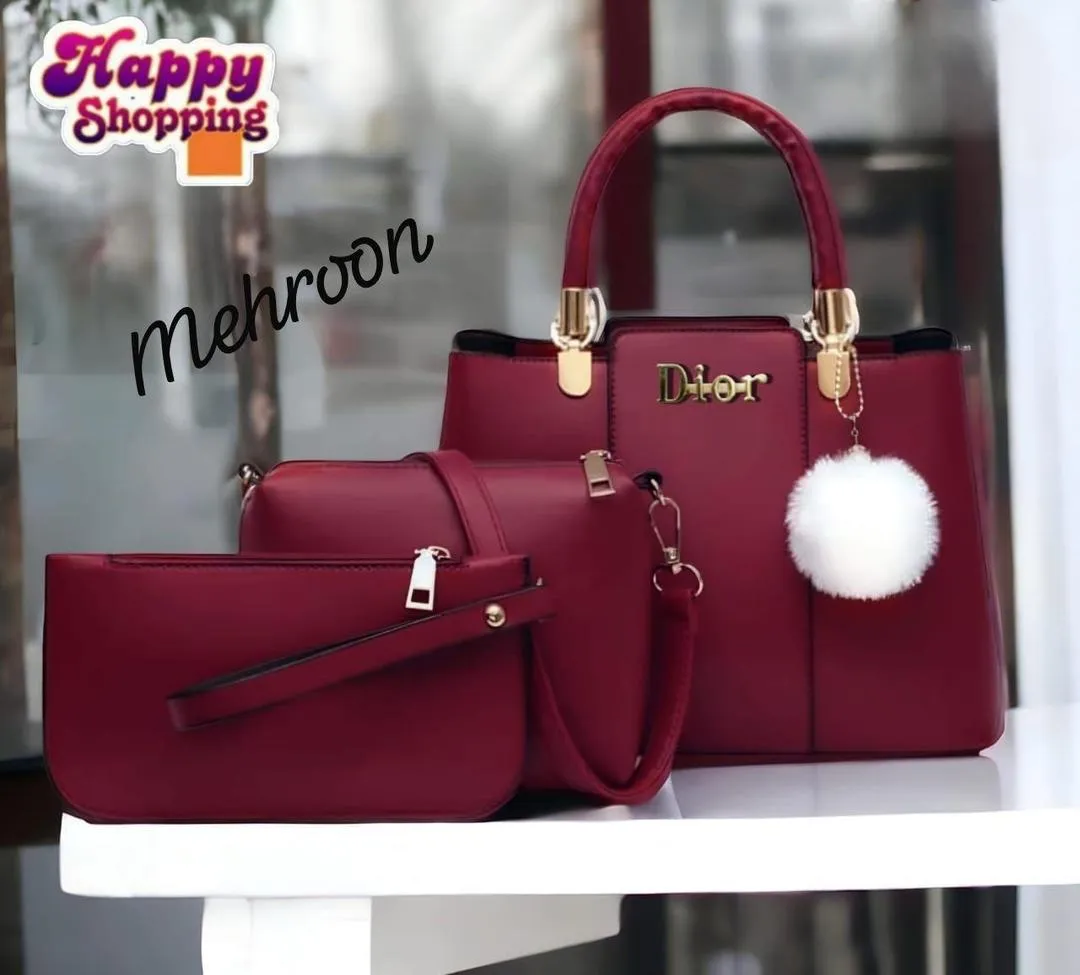 Maroon PU Leather Women's Handbag Set with Top Handle