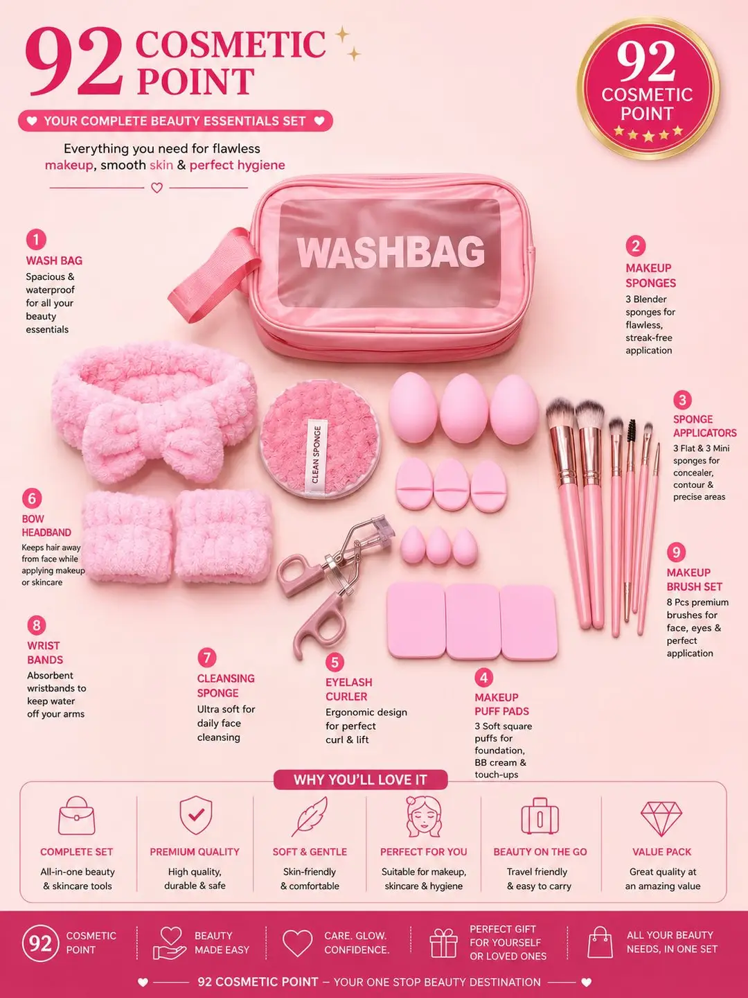 Premium Quality  Wash Bag 24 pcs Makeup Puff & Brush Set