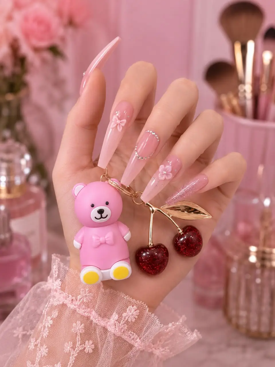 Teddy gloss And Cherry Keychain Magic Pink